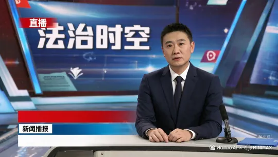 男播音员一脸严肃的对着镜头播报法制新闻 by Hailuo AI Video Generator