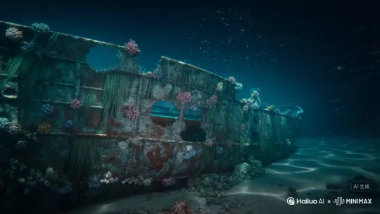 海底世界 深海 沉落海底的巨舰带有着时光的痕迹 by Hailuo AI Video Generator