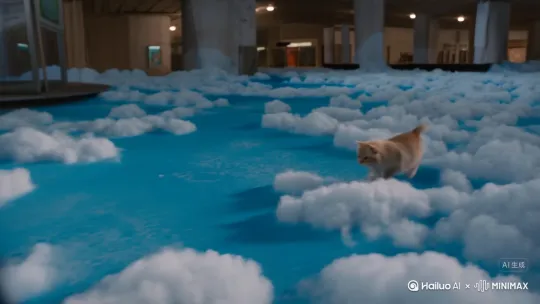 天在天在地上，云在地上跑，小猫竟然去公交站坐公交，还有一只小狗提着包包在赶地铁[左移,跟随] by Hailuo AI Video Generator