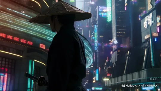 一位身着斗笠的剑客，挎着一把武士刀，在赛博灯光的照射下展现侧身剪影，镜头慢慢后拉右摇左移，展现出他迷惘的正脸，此时他站立在一个赛博都市的街头，背景则是科幻感十足的赛博都市。 by Hailuo AI Video Generator
