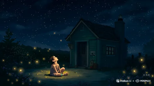 萤火虫飞舞，孩子用手轻轻托着萤火虫。[右摇,变焦推进] by Hailuo AI Video Generator