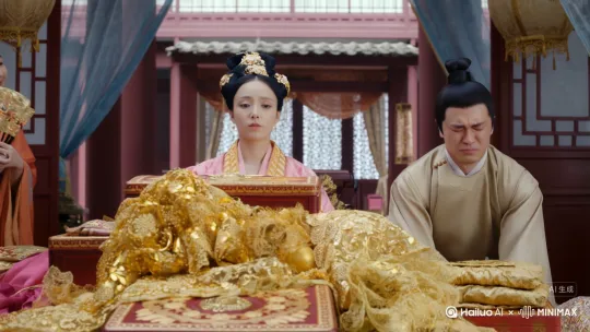 雅致庭院,暗流涌动的求娶现场。 画面中心:你(女主) 端坐主位,神情平静淡然,目光似有若无地扫过面前堆积如山的华丽聘礼(重金),却未露丝毫喜色(“我应下”的冷静)。右侧,小侯爷(求娶者)躬身行礼,姿态恭敬,但低垂的脸上眉头紧锁,眼神复杂难辨(隐忍、屈辱、失望)。左侧回廊,崔蓉(“胜利者”)以团扇半掩面,眉眼弯弯尽是计谋得逞的窃喜与轻松(“欣喜不已”),她全神贯注于你的反应(确认婚事落定),完全忽略了身后小侯爷投来的那道深沉失望、甚至带点心灰意冷的目光(关键细节!)。氛围: 表面喜事下的冰冷交易,崔蓉的短视与得意,小侯爷的失落,女主洞悉一切的平静 by Hailuo AI Video Generator