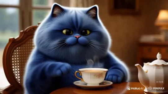 生成一只蓝色的猫网上都叫它胖猫，内容是喝茶 by Hailuo AI Video Generator