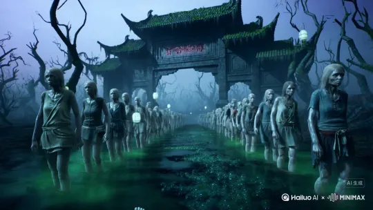 *画面：** 极度写实的腐烂沼泽地，浑浊粘稠的泥浆冒着幽绿色气泡。扭曲、半白骨化的枯树如鬼爪般刺向灰紫色天空。薄雾中，无数**半透明、表情麻木的亡魂**排成长列，赤脚深陷泥泞，步履蹒跚。远处，一座巨大、腐朽、爬满黑色苔藓的**中式牌坊**在雾气中若隐若现，牌匾上模糊的朱砂字迹似血。
*   **光影/氛围：** 阴冷的青绿色主调。唯一光源是漂浮的惨白“引魂灯”，在亡魂脸上投下摇曳不定的诡异光影。空气弥漫着湿冷、腐败的雾气。**寂静中只有泥浆冒泡声和亡魂拖沓的脚步声**。
*   **细节：** 泥沼中偶尔伸出的白骨手臂，迅速被泥浆吞没。亡魂衣物破烂，款式跨越千年，暗示时间在此停滞 by Hailuo AI Video Generator