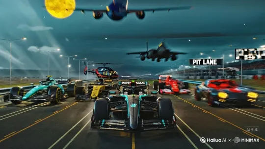 F1赛车前后追逐 
后方直升飞机跟拍 
上方战斗机飞过 by Hailuo AI Video Generator