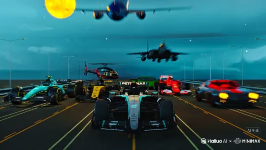 F1赛车前后追逐
直升机后面跟拍
飞机从上方飞过
F1梅赛德斯奔驰领先在第一位 by Hailuo AI Video Generator