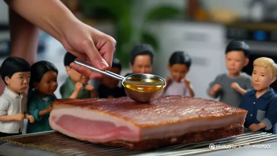 近景，平视，强烈光线，高清画质，超高精度微缩模型渲染技术，一个迷你小人手持热油，往煮好的牛肉上浇淋，热油接触牛肉发出滋滋声，激起的香味让周围的迷你小人欢呼雀跃。特写热油浇淋牛肉瞬间，周围迷你小人激动的表情 by Hailuo AI Video Generator