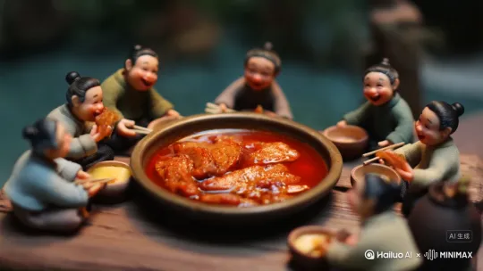 中景，平视，温馨光线，高清画质，超高精度微缩模型渲染技术，一群迷你小人围坐在摆满水煮牛肉的木桌旁，开心地夹着牛肉，脸上露出满足的笑容，尽情享受美食。环绕运镜展示迷你小人开心享用美食的欢乐氛围 by Hailuo AI Video Generator