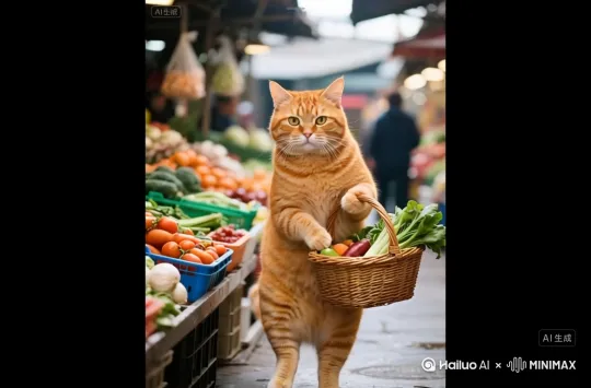 橘猫挎着菜篮走进厨房，把菜篮放在厨房洗手池上，洗手池高度到橘猫站立起来的手的高度，厨房环境温暖明亮 by Hailuo AI Video Generator