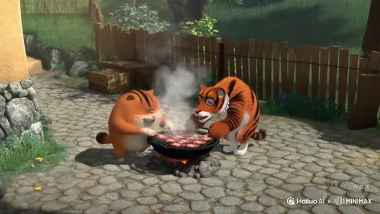 帮我生成一个视频：一个橘黄色的胖猫和一只老虎，拟人化，他们在烤肉在一个农村院子里，突然闯进来一头熊偷走了他们的肉。 by Hailuo AI Video Generator