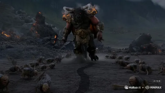 *A hyper-realistic cinematic sequence inspired by the original "Journey to the West." The mighty Bull Demon King (Niu Mo Wang) appears as a towering, muscular figure with the head of a ferocious black bull, blazing eyes, and sharp, curling horns. His skin is rough and beast-like, dark with a reddish hue, and his breath steams in the cold air. He wears ornate golden-black battle armor adorned with flames and demonic symbols. A massive iron trident or double-bladed halberd rests on his shoulder, glowing faintly with infernal energy.*

*He walks forward slowly and deliberately through a desolate battlefield of broken rocks and scorched earth. Each heavy step shakes the ground slightly, leaving a smoking hoofprint behind. Around him, hundreds of small demon minions kneel in reverence or crawl alongside him. These minions vary in shape — some are lizard-like, others goblin-faced, all wearing crude armor and wielding bone weapons.*

*As he marches, he raises his weapon high and lets out a thunderous roar that echoes across the valley, causing nearby demons to cheer and clouds to surge above. The camera pans slowly from his feet upward, capturing his massive form in contrast with the fearful minions.* by Hailuo AI Video Generator