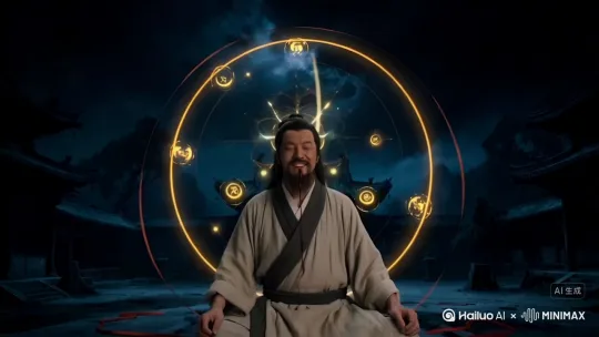人物突然双手在胸着结不动明王印，镜头拉远，身后缓缓出现巨大的虚幻不动明王法相，显示法相的巨大无敌的气势，注意手指不要变形 by Hailuo AI Video Generator