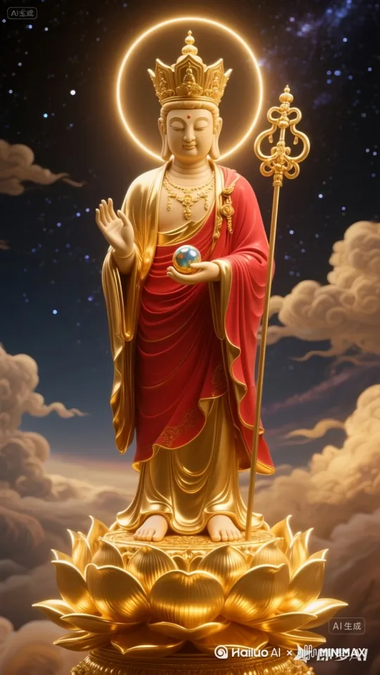 "广角仰拍镜头，地藏王菩萨从破碎的乌云中缓缓降临，足下金莲逐层绽放（共三层24瓣），莲瓣旋转甩出金色粒子特效。背景为血红色孽海，菩萨周身佛光刺穿乌云形成丁达尔效应，锡杖九环震动产生可见声波。水墨晕染风格，饱和度30%以下，重点突出顶部佛光与底部黑暗的强烈对比。" by Hailuo AI Video Generator