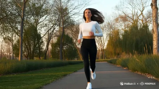 人美，中长发，发丝飘动，上身白下身黑运动装，白色运动鞋，高清，晨曦光，高级，高贵，典雅，秀丽，完美，在公园的道路上晨跑背景32K by Hailuo AI Video Generator