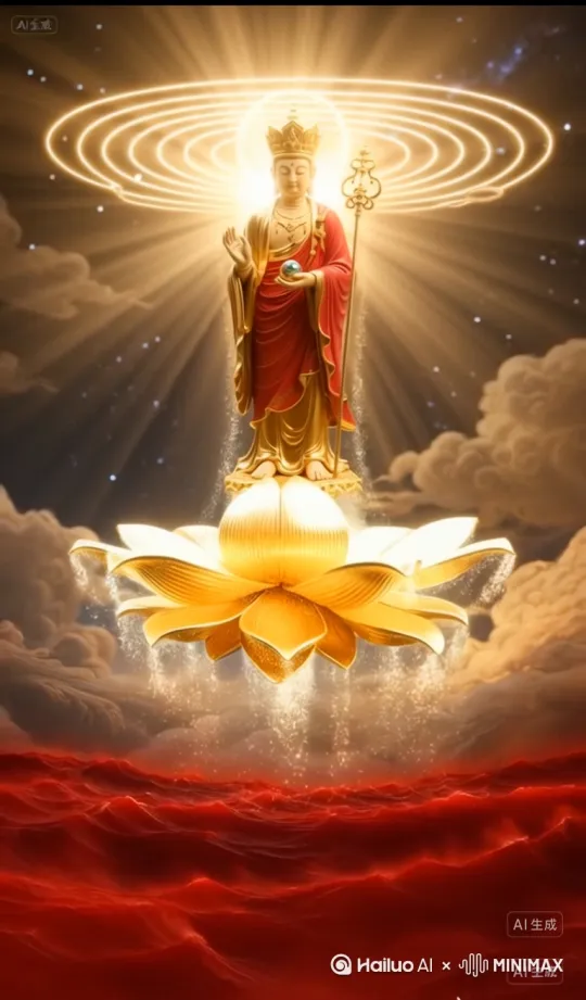 "俯视上帝视角，地藏王菩萨双手合十于胸前，宝珠悬浮在掌心之间。以菩萨为中心展开巨大金色曼荼罗（半径50米），曼荼罗边缘升起108道经幡虚影。整体画面分割为三重时空：  
1. 前景：枯萎红莲重生开花（延时摄影效果）  
2. 中景：菩萨合十动作（0.5倍速）  
3. 背景：星云加速流转（10倍速）  
胶片颗粒感+绢本肌理，添加壁画剥落特效。" by Hailuo AI Video Generator