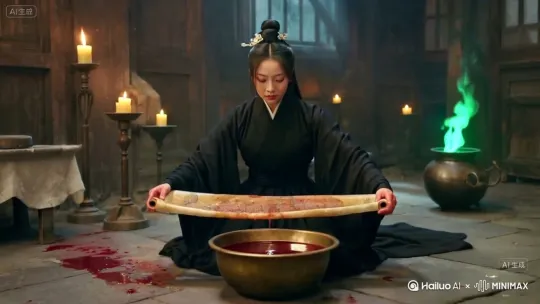画轴四周生成少量绿色的火焰，女人松开手，画轴慢慢悬浮空中，向火炉飘去。女人始终闭着眼睛，头部微微跟着画轴转动[右移,跟随] by Hailuo AI Video Generator