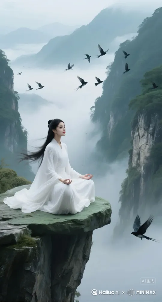 [右移,左摇,跟随]长发飘洒，群鸟飞舞 by Hailuo AI Video Generator