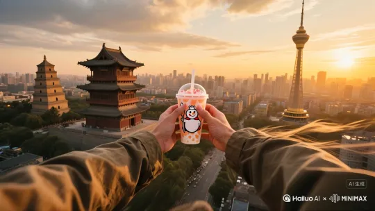 [推进,上升]人物拿着饮料，从城市上空飞跃，又从前方的城墙门里穿越而出 by Hailuo AI Video Generator