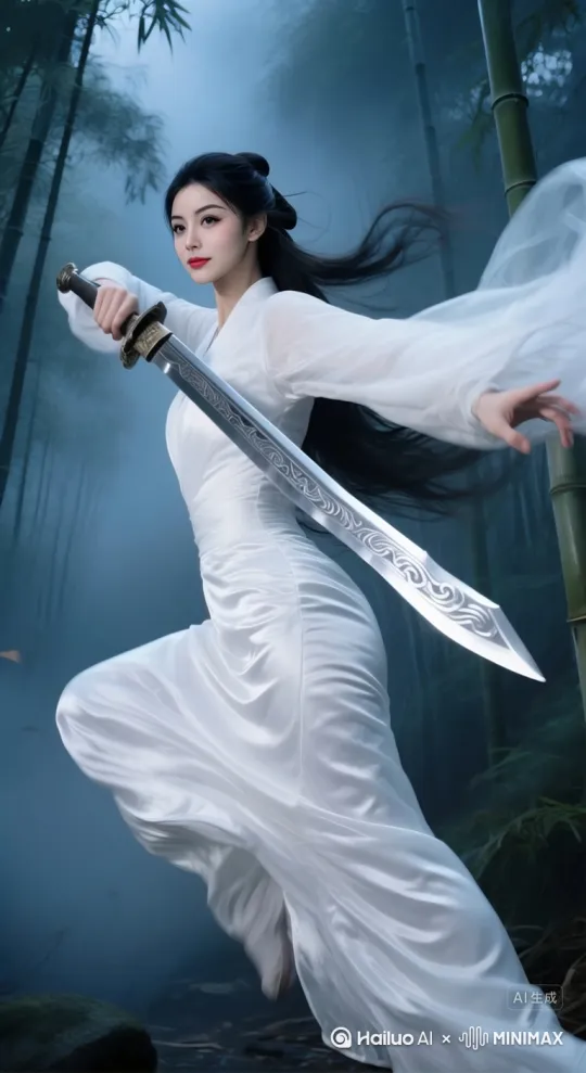 [左移,右摇,跟随]衣袂翩翩，发丝飘扬，空中徐徐飞过 by Hailuo AI Video Generator