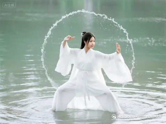 **画面:** 中景,镜头跟随美女**侧向移动**。她正在进行经典的**云手**动作。重点捕捉:
* **手臂螺旋:** 双臂如行云流水般在身前划出立体的、交织的**螺旋大圆**。一手掌心向上如托球(吸气,化劲),一手掌心向下如按水(呼气,沉劲),双臂的缠绕轨迹清晰可见,如同两条交织的螺旋线。
* **衣袂成涡:** 宽大的丝绸袖口随着云手的圆弧运动,被气流带动,形成流畅、优雅的**涡旋状飘动**,如同水面被搅动的漩涡。裤腿也在步伐(如平行步移动)带动下形成流动的线条。
* **核心拧转:** 腰胯作为轴心,带动全身进行**细腻的螺旋拧转**,是动作连绵不断的内在动力源。眼神平和专注,跟随手部运动。
* **光影/氛围:** 柔和的自然光(如林间斑驳光影或水边漫反射光)。运用轻微的**动态模糊**在运动的衣袖边缘和背景上,突出连绵不断的流动感。焦点清晰锁定在美女身体和手臂动作上。背景虚化处理成柔和的绿色或水蓝色。**“海螺”感:** 云手的双臂轨迹与飞舞的衣袖,共同构成一个动态的、立体的“人体海螺”意象,完美诠释太极缠丝劲的螺旋缠绕和圆活流畅。 by Hailuo AI Video Generator
