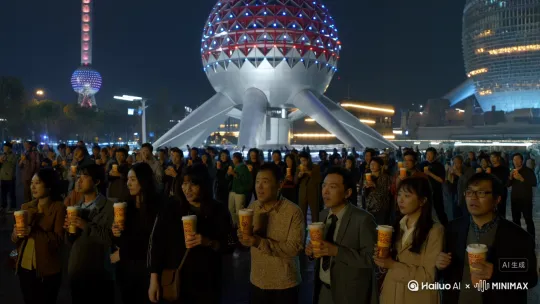 东方明珠东方明珠塔激光往下射，下面是四处躲散的人群，他们手里都拿着蜜雪冰城的饮料[右移,左摇,跟随] by Hailuo AI Video Generator