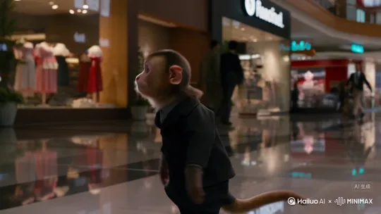 一只猴子在商场里转悠猴子看见卖衣服的地方买了一件西装穿在了身上猴子看见买手机的地方买了手机在打游戏 by Hailuo AI Video Generator