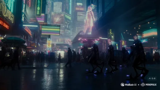 霓虹灯在潮湿街道闪烁，似幽灵的眼。机械义肢碰撞声，与街头电子乐混杂。全息广告里虚拟偶像舞动，掩盖着暗处的罪恶交易。赛博义体人穿梭，数据洪流在神经接口涌动。高楼投影着未来幻影，而现实是贫富间无法跨越的数字鸿沟。 by Hailuo AI Video Generator