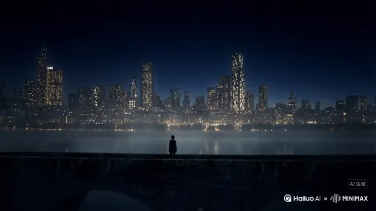 古桥上俯瞰城市天际线，灯光点点如星，江水流动倒影建筑，雾气朦胧，现代与历史的交织。桥上站着一个人，利用希区柯克的手法把城市拉过来，比例为9:16 by Hailuo AI Video Generator