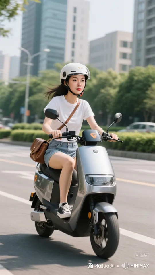 电动车跑起来，女子发丝飘动，镜头跟随移动[右移,跟随] by Hailuo AI Video Generator