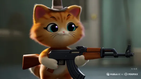 超级可爱的小橘猫，萌宠出道，眼睛要大一点，圆一点，还要戴帽子，穿衣服，手拿一把ak47,开火，20秒 by Hailuo AI Video Generator