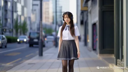 一美女穿着黑丝和JK走在马路上并播放音乐茫 by Hailuo AI Video Generator