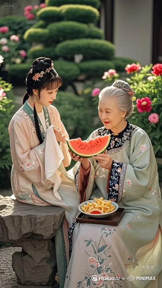老太太瞅瞅儿媳再瞅瞅另一边，气儿不打一处来，放下手中的西瓜，还有腿上的盘子，往石凳上一搁，蹭的一下站起来走掉 by Hailuo AI Video Generator