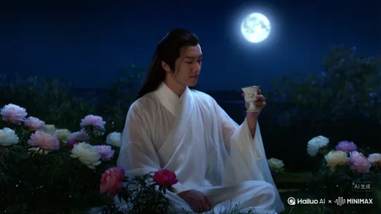 一个古代男诗人在花丛间饮酒，举杯邀月，饮酒后高歌的场景 by Hailuo AI Video Generator