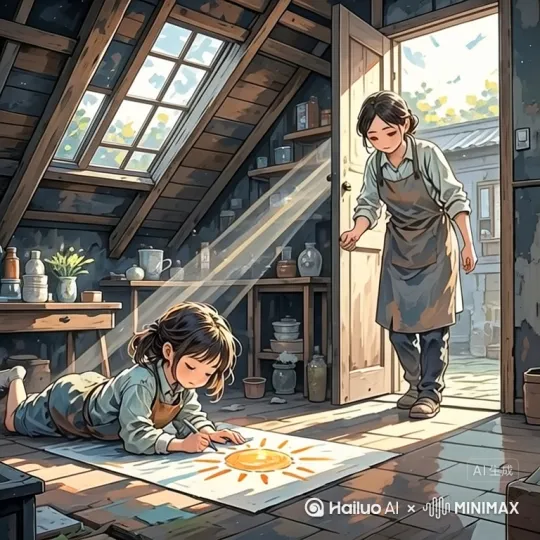 中景 昏暗阁楼里，小女孩趴在地板上用蜡笔涂画歪扭的太阳，阳光从窗缝斜射进来。有蜡笔摩擦声，关门声 by Hailuo AI Video Generator