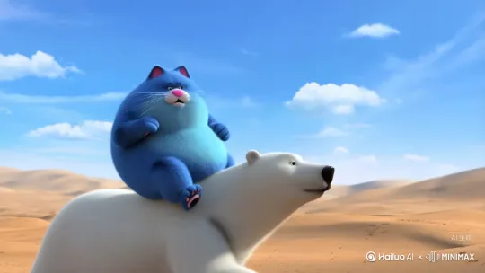 3D动画风格，画面主体是一只蓝色的胖猫，耳朵内侧为粉色，有着白色的胡须和粉色的鼻子，很狡猾，骑着一个白色的北极熊在沙漠上行走，速度要快一点，向前跑 by Hailuo AI Video Generator