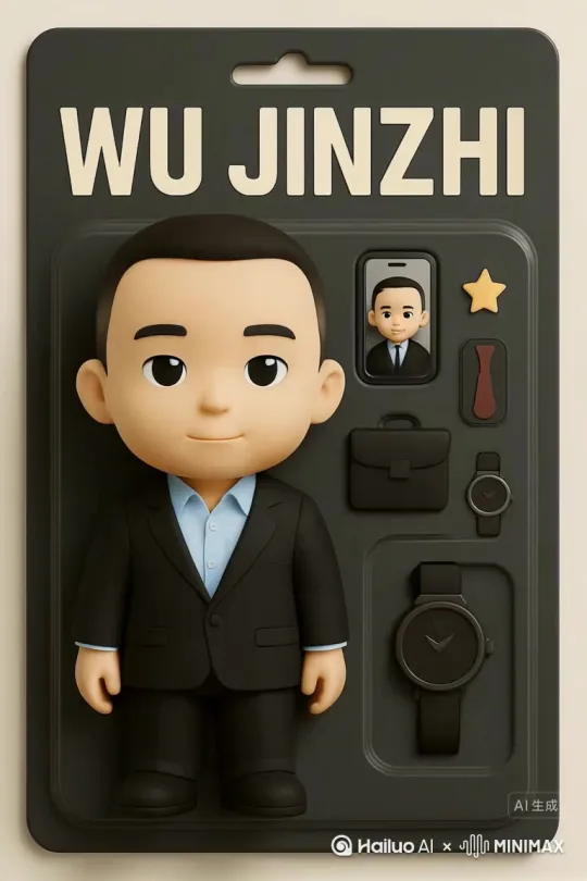 上传一张单人半身正面照片并输入Wu Jinzhi的英文名，生成人物变成玩具盒手办的视频。 by Hailuo AI Video Generator