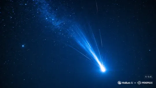 流星向下坠落，穿过地球的大气层，最终变成了一个竖笛，最终掉落在小女孩的手上，小女孩缓慢的愣神后，便将竖笛放在嘴边吹奏 by Hailuo AI Video Generator