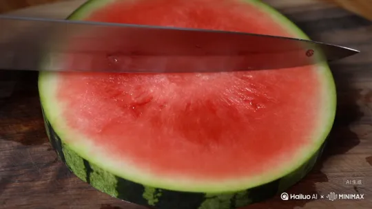 Realistic 4K footage close-up of a knife cutting a bright red juicy watermelon on a wooden cutting board. It slowly moves back and forth. The inside of the watermelon is also flesh. The sound is ASMR style. by Hailuo AI Video Generator