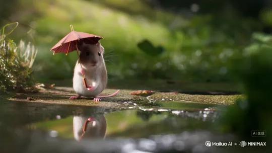 低角度拍摄。这只小田鼠现在独自撑着微型雨伞，在潮湿反光的地面上试探性地迈出几步，在水洼中激起细小涟漪。它直视镜头，露出坚定又可爱的表情，逐渐习惯了撑伞的感觉。电影感微距摄影，浅景深，高细节，逼真效果，4K画质，温馨治愈，柔和自然光，背景为郁郁葱葱的绿色虚化效果。 by Hailuo AI Video Generator