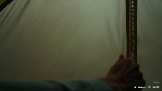 Cinematic 8K resolution, surrealism, shallow depth of field. First-person perspective, looking out of a camping tent. A hand reaches out from inside the tent and unzips it. The tent flap opens, revealing a pine forest shrouded in morning mist. A furry ginger longhair dog slowly walks into the tent. It pauses, staring blankly and disdainfully at the camera. The camera quickly zooms in, focusing in extreme close-up on the dog's raised front paw. The dog like a human, deliberately raises one front paw provocatively, deliberately extending only the longest middle paw and gave a bark, while all other paws are tightly bent and retracted, forming a clear and precise movement, imitating the insulting "middle finger" gesture of a human.But it's still the dog's paw, not the human's finger. The movement is slow and full of irony, and it remains in this position after completion, with eyes penetrating the camera and looking directly at the viewer. The middle paw is very eye-catching. by Hailuo AI Video Generator