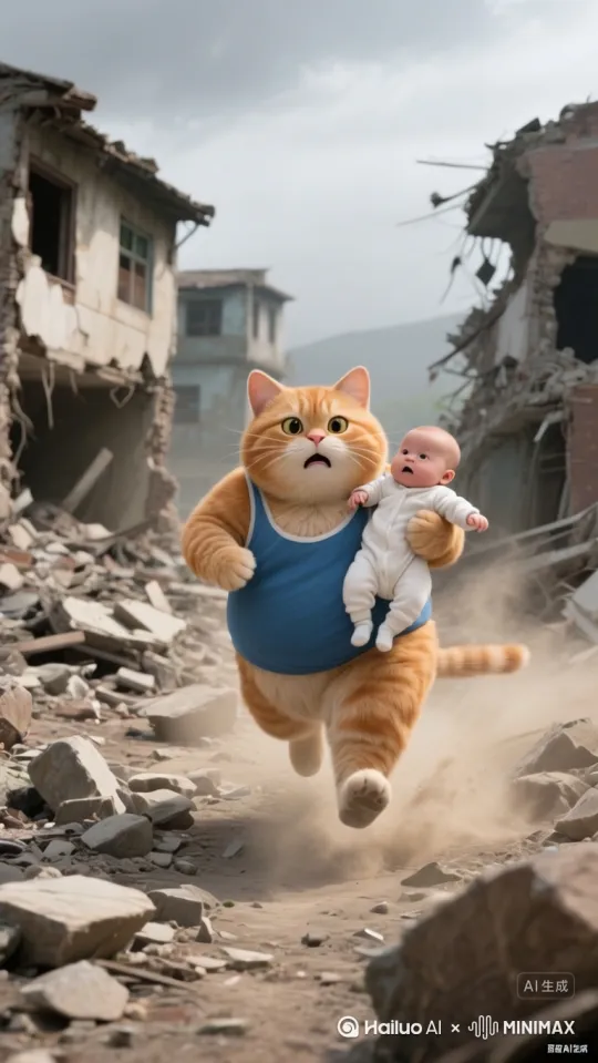 橘猫抱着婴儿往前跑，镜头跟拍 by Hailuo AI Video Generator