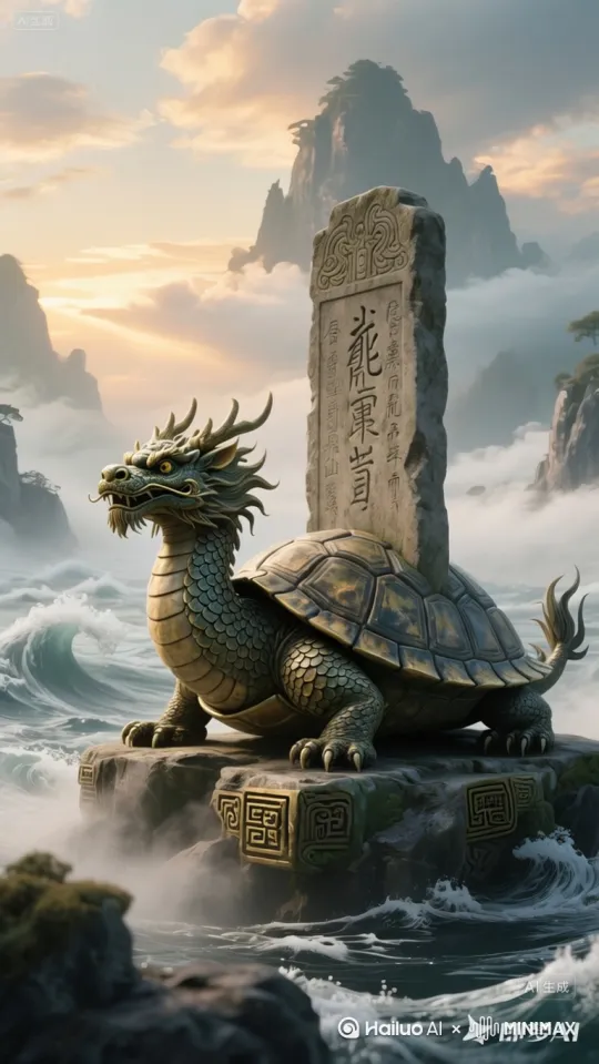 深海极暗处，霸下如青铜山峦蛰伏，仅龙目裂开两道金缝（缓慢呼吸起伏）。  
- 龟甲苔藓随水流飘散，碑文渗出蓝光，海底沉没的青铜鼎共振嗡鸣。  
`运镜`：环绕推进+微距抖动，背景音效：**低频震动**混入**远古编钟回响**。  
 **技术参数锚定**  
```  
风格：虚幻引擎电影级渲染｜细节：4K HDR｜动态：  
- 水体：RealFlow流体模拟（冰晶质感）  
- 灵气：粒子光尘（黄金比例螺旋轨迹）  
- 肌肉：生物动力学绑定（颈部/爪部运动惯性）  
负面提示：避免动作僵硬/塑料反光/西式龙形 by Hailuo AI Video Generator