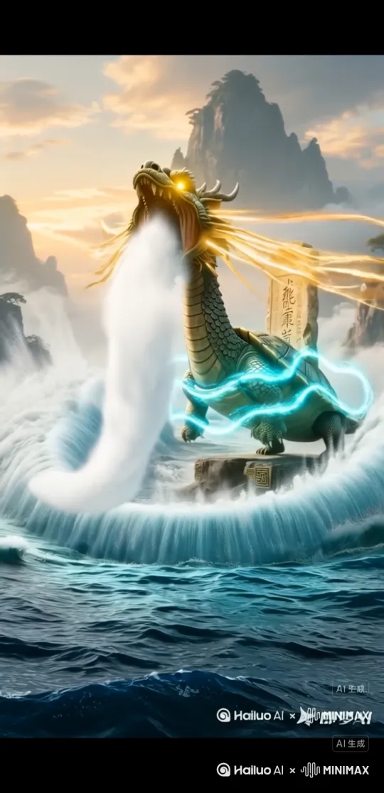 霸下踏浪腾空（逆光剪影），周身环绕星尘光粒，石碑投影大禹治水幻象。  
- 惊涛凝成百条水龙卷，海底万千青铜器浮空共鸣，雷云中降下巨型青铜锁链缠绕其躯。  
`运镜`：**360度无人机环绕** → **天际俯拍**，音效：**龙吟混电子重低音**+**女声吟唱**。  
风格：虚幻引擎电影级渲染｜细节：4K HDR｜动态：  
- 水体：RealFlow流体模拟（冰晶质感）  
- 灵气：粒子光尘（黄金比例螺旋轨迹）  
- 肌肉：生物动力学绑定（颈部/爪部运动惯性）  
负面提示：避免动作僵硬/塑料反光/西式龙形 by Hailuo AI Video Generator