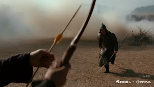 第一视角，我拿弓连续速射了三支箭命中了对面清军，步伐左环移看着眼前的清军，他挡开了箭 他越来越靠近，我手里拔出了刀，狂风骤起，烟尘飞舞，镜头摇晃。然后靠近时我拔刀劈砍上去 by Hailuo AI Video Generator