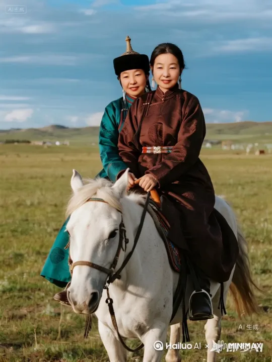 草原姐妹骑马奔驰骋在草原上[左移,推进,右摇] by Hailuo AI Video Generator