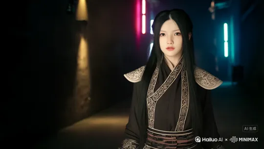 中国仙侠赛博朋克风格，黑暗巷口，女剑客拔剑，剑光流动，女剑客发现机械刺客在她身后，瞬间转身与一个从屋顶跃下的黑色带有红色发光纹理的机械刺客对峙，黑色带有红色发光纹理的机械刺客红色义眼发光，氛围冷峻、对峙紧张，电影级效果。镜头由远推进。 by Hailuo AI Video Generator