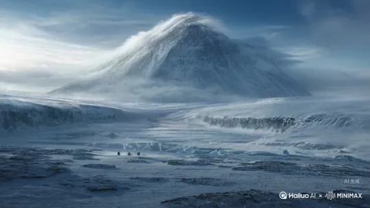 "A vast, ancient tundra blanketed in untouched snow stretches endlessly into the distance. Far on the horizon, a singular, colossal mountain pierces the pale sky — its jagged peak crowned with perpetual ice and surrounded by swirling white clouds. The upper slopes shimmer with layers of frozen crystal and glacial ridges, reflecting faint bluish light from the low-hanging sun. Sharp wind streaks over the mountain's flanks, lifting snow powder into the air, while the valley below is cast in long, cold shadows. Faint runes carved into the rock near the summit hint at forgotten worship. The sky is washed in icy blues and silvers, thin cirrus clouds trailing overhead. The camera slowly pushes forward from a high vantage point, evoking awe and reverence. Highly detailed fantasy mountain range, cinematic composition, cold mist, drifting snowflakes, epic orchestral atmosphere.""As the camera glides downward from the towering mountain, it reveals a sprawling frozen plain at the base — a glacier-carved basin stretching across the land like a vast white sea. The terrain is uneven, dotted with fractured ice sheets, scattered frozen boulders, and ridges buried under compacted snow. Shards of transparent ice jut out from the ground like crystalline teeth, some half-buried, some reflecting sky light in blue and violet hues. Thin snow whirls gently across the surface with every gust, while faint tracks of previous travelers fade into the wind. In the far distance, several hooded figures in dark cloaks appear — moving slowly, barely perceptible in the stormy light. Patches of thin frost glimmer on rock outcrops. The air is filled with a low, haunting wind and the distant rumble of shifting ice. Cinematic fantasy tundra, ultra-detailed surface textures, glacial realism, low-angle tracking shot from left to right." by Hailuo AI Video Generator