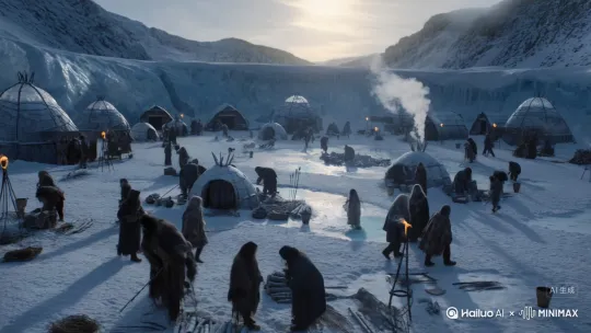 "The path opens into a broad, sunlit basin surrounded by cliffs and frozen hills — a rare pocket of relative shelter in the tundra. Scattered across the icy plain are dozens of rustic structures: small wooden cabins reinforced with snow and leather, circular yurts with icy domes, and cave-like ice dwellings carved into glacier walls. Thin smoke rises from central chimney holes. In the distance, figures move about purposefully — Snowborn villagers clad in thick cloaks and fur, their faces half-covered. Children chase each other in the snow while adults carry wood, mend fishing nets, or carve tools from bone and crystal. Near a frozen lake, several men are ice-fishing through round holes, using long spears and wooden buckets. Others gather at a central fire pit surrounded by stacked firewood and animal hides. Dogs bark. The air is alive with purposeful sound: axes striking wood, sleds gliding, crackling fires. Above the settlement, icicles hang from cliff overhangs like glass curtains. Warm torchlight glows in the gathering dusk. Epic fantasy village, lifelike realism, warm-cold color contrast, rich human presence." by Hailuo AI Video Generator