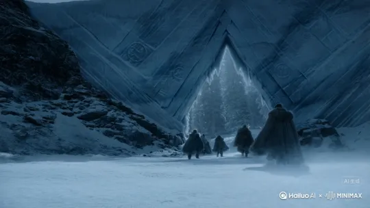 The travelers press onward across the blinding white tundra, their cloaks flapping in the wind. Soon, the terrain begins to narrow into a massive glacier-carved canyon. Towering walls of ancient ice rise hundreds of meters into the sky, their surfaces streaked with deep frozen cracks and jagged ridges. Some walls bear faint glyphs and carvings, half-buried beneath centuries of frost — remnants of an elder age. A low wind whistles through the canyon like a mournful song. As the camera pans forward, an enormous ice archway comes into view, seamlessly integrated into the glacier itself. The arch is cathedral-like, symmetrical and perfect in form, rimmed with sharp ice spires and glowing faintly from the refracted sunlight. Its presence is monumental — like a divine gate left by forgotten gods. Below it, the path is lined with frozen obelisks and deep snow trenches carved by wind. The travelers pass through slowly, dwarfed by the sheer scale. Snowflakes spiral down in silence. Epic scale, photorealistic textures, fantasy arctic ruins, ultra-wide composition. Beyond the arch, the path winds into a silent forest of frost-covered trees. Towering conifers stand frozen in place, their branches heavy with crystalline snow. Some trunks are split and hollow, forming natural shelters beneath layered icicles. The ground is uneven — a mixture of ice, powdered snow, and scattered ancient stones. Blue light filters softly through  trees, casting long, dappled shadows over the snow. The camera tracks low to the ground as boots crunch across ice and frost mist swirls around ankles. Occasionally, ghostly silhouettes of white deer or ice-wolves dart through the background, vanishing like illusions. The forest is sacred, protected by ancestral spirits — evidenced by totems carved into tree bark and fluttering frost-veiled talismans hanging from branches. The atmosphere is hushed, but intense. Wind sighs through the canopy. Magical snow particles shimmer in the air. Dreamlike cold forest by Hailuo AI Video Generator