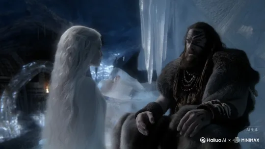 "Inside a colossal ice cavern, carved naturally over centuries by glacial movement, towering crystalline walls shimmer faintly in the dim blue light. The ceiling arches like a frozen cathedral, dripping with sharp icicles and reflecting pale glows from hidden torches and bioluminescent ice veins. Massive ice pillars line the central space like natural columns, while the stone floor is uneven but worn smooth near the center by generations of footsteps. Animal hides, carved wooden totems, and ancient tribal insignias hang from the walls — signs of a long-settled Snowborn clan.

In this sacred space, an imposing tribal chieftain sits upon a throne made of carved ice and bone, wearing heavy furs, adorned with beads and war paint, his hands rough and calloused. He is speaking solemnly, passing wisdom to his daughter.

Standing beside him is a radiant young woman — his daughter, the future guide of the people. She is otherworldly in appearance: long flowing snow-white hair, moon-pale skin glowing softly, a translucent white gown that dances like fog in the torchlight. Her expression is calm, intelligent, yet touched by melancholy. The contrast between her ethereal elegance and her father's primal strength is striking. Cold mist swirls around her feet as she listens in silence, backlit by shimmering ice walls.**

The camera slowly pans around the cavern, capturing the sacred geometry, torchlit shadows, and rising ice mist. A low choral hum echoes in the background. Cinematic high-fantasy atmosphere, ultra-detailed icy environment, dramatic lighting contrast, deep emotional tone, high-resolution character design." by Hailuo AI Video Generator
